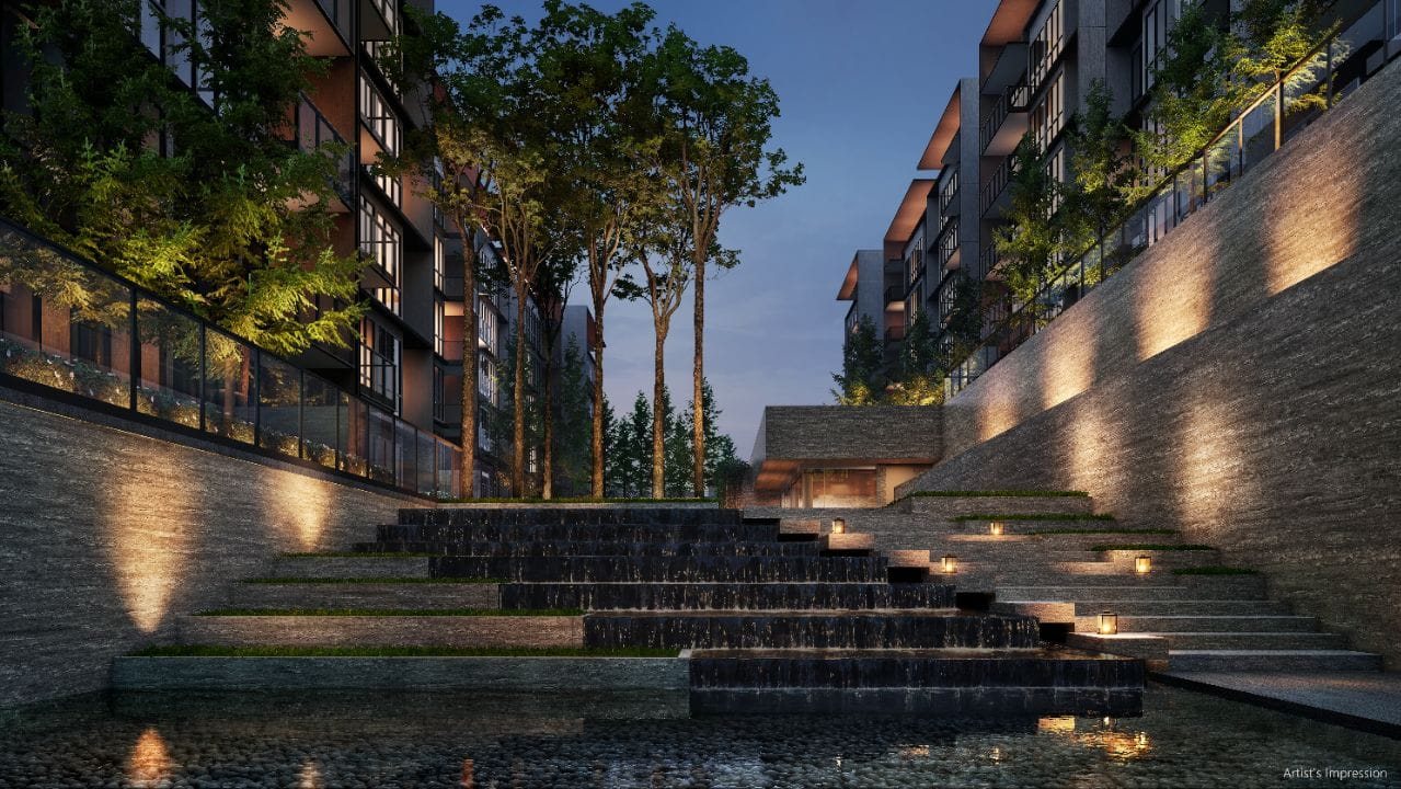 Stepped water cascade lit at night