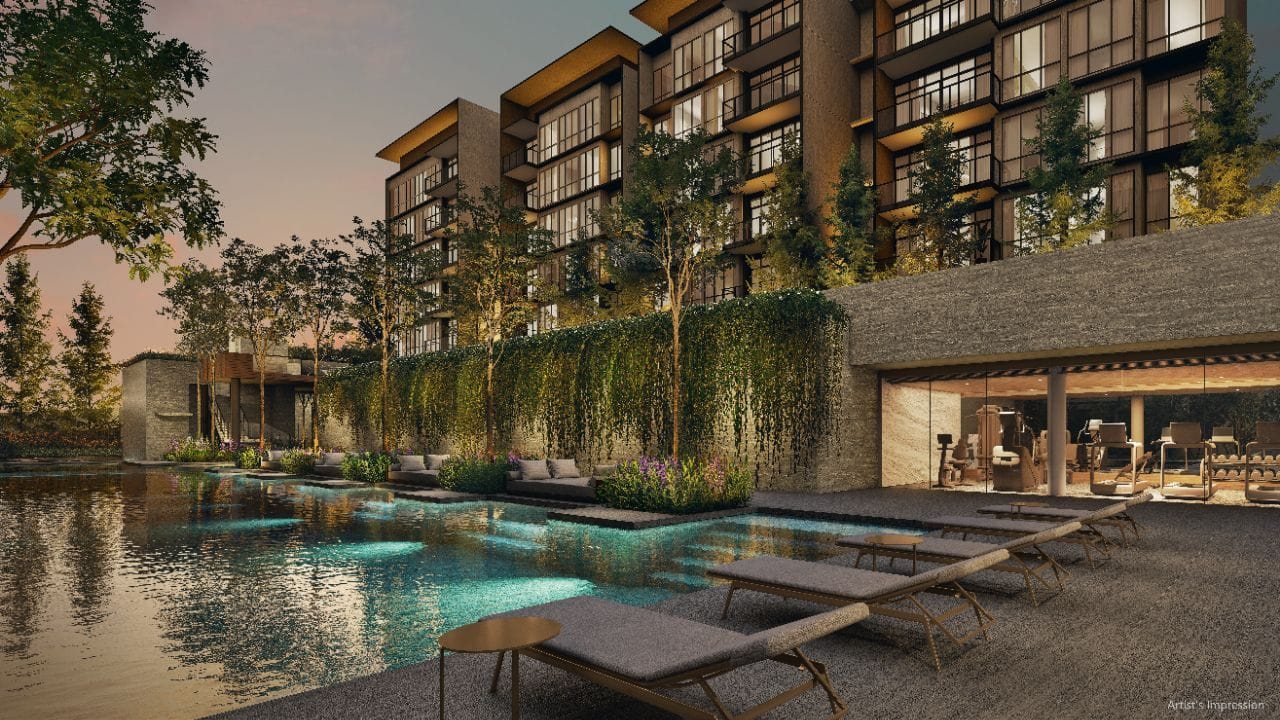 Pool deck and landscaped terraces at dusk