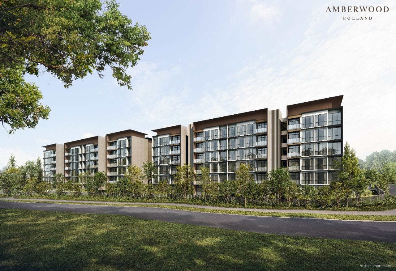 Low-rise blocks of Amberwood at Holland seen across a lawn under a clear sky