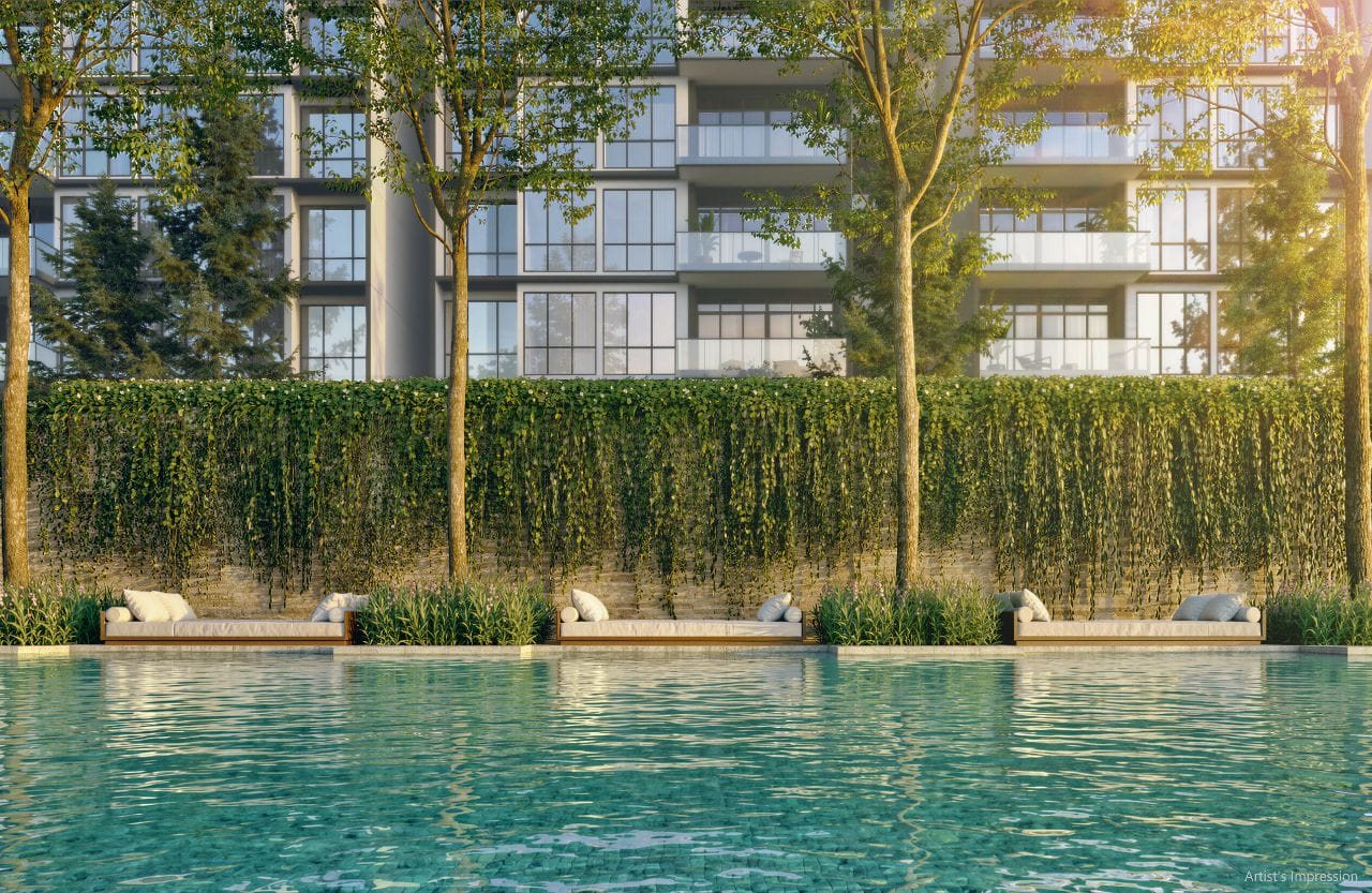 Pool with hedge and trees in front of the blocks