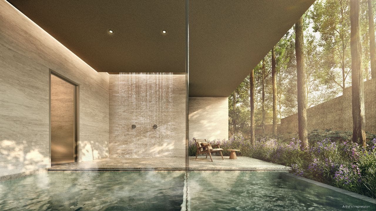Covered pavilion with a water wall