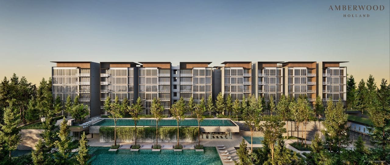 Wide view of Amberwood at Holland blocks behind the pool and gardens